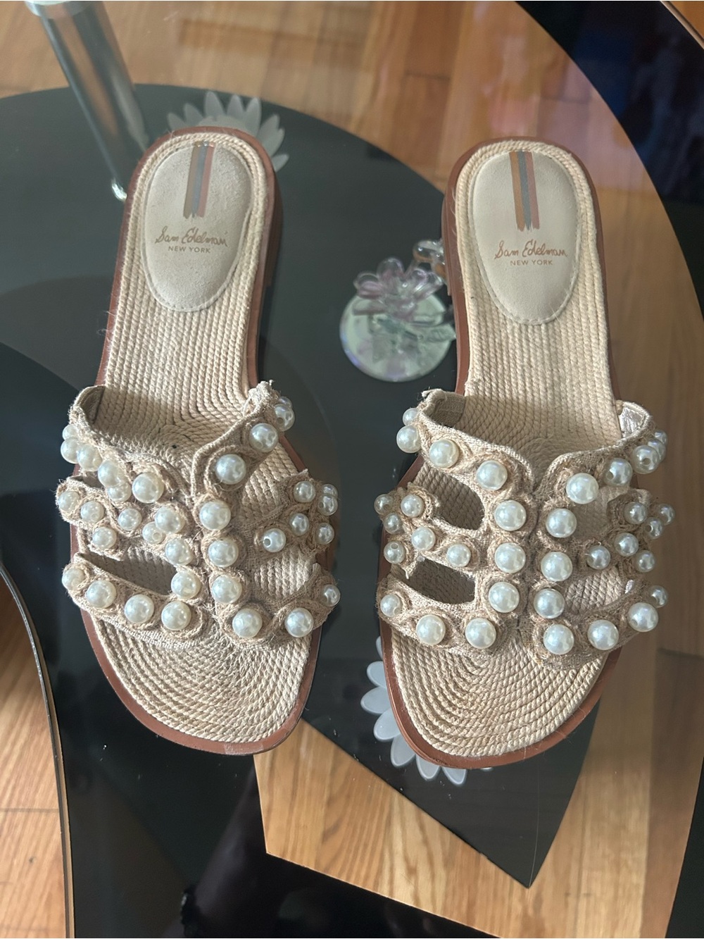 Sam Edelman Pearl-Embellished Beige Woven Slide Mules